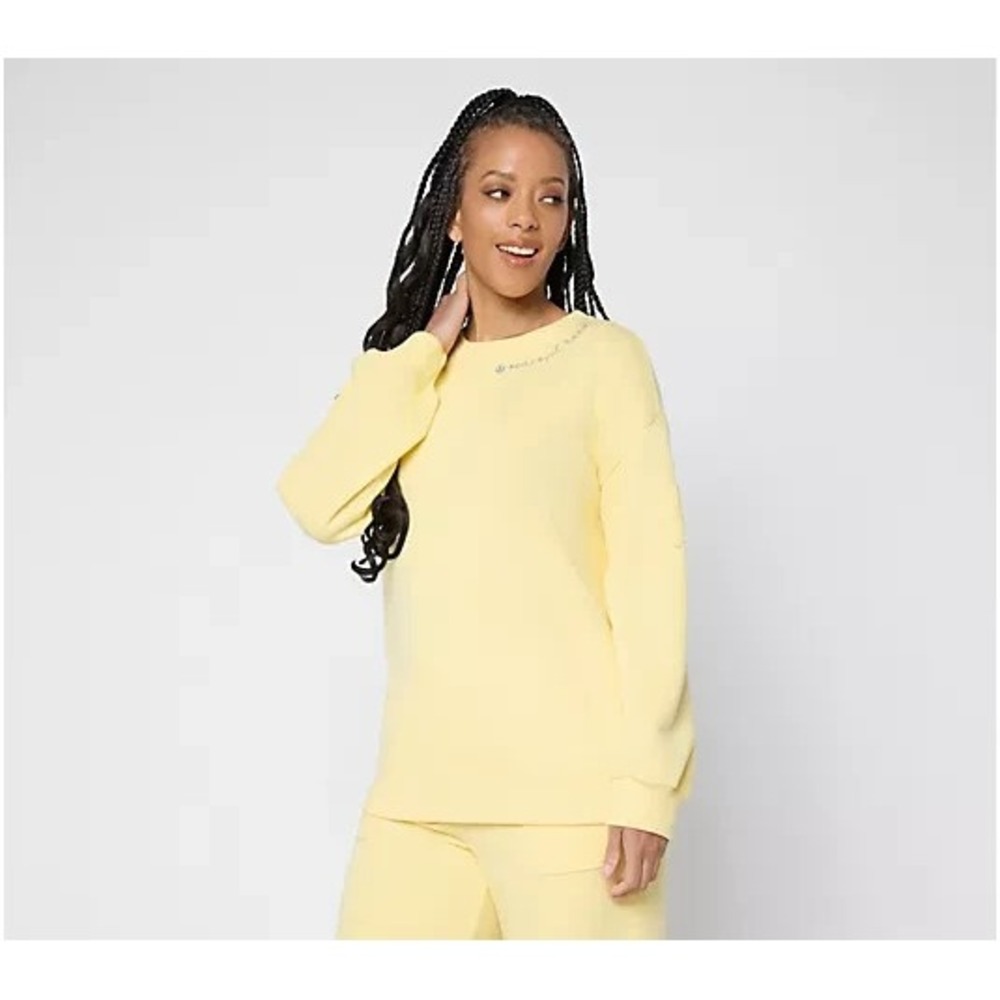Peace Love World French Terry Sweatshirt with Crochet Detail Pale Banana, Small